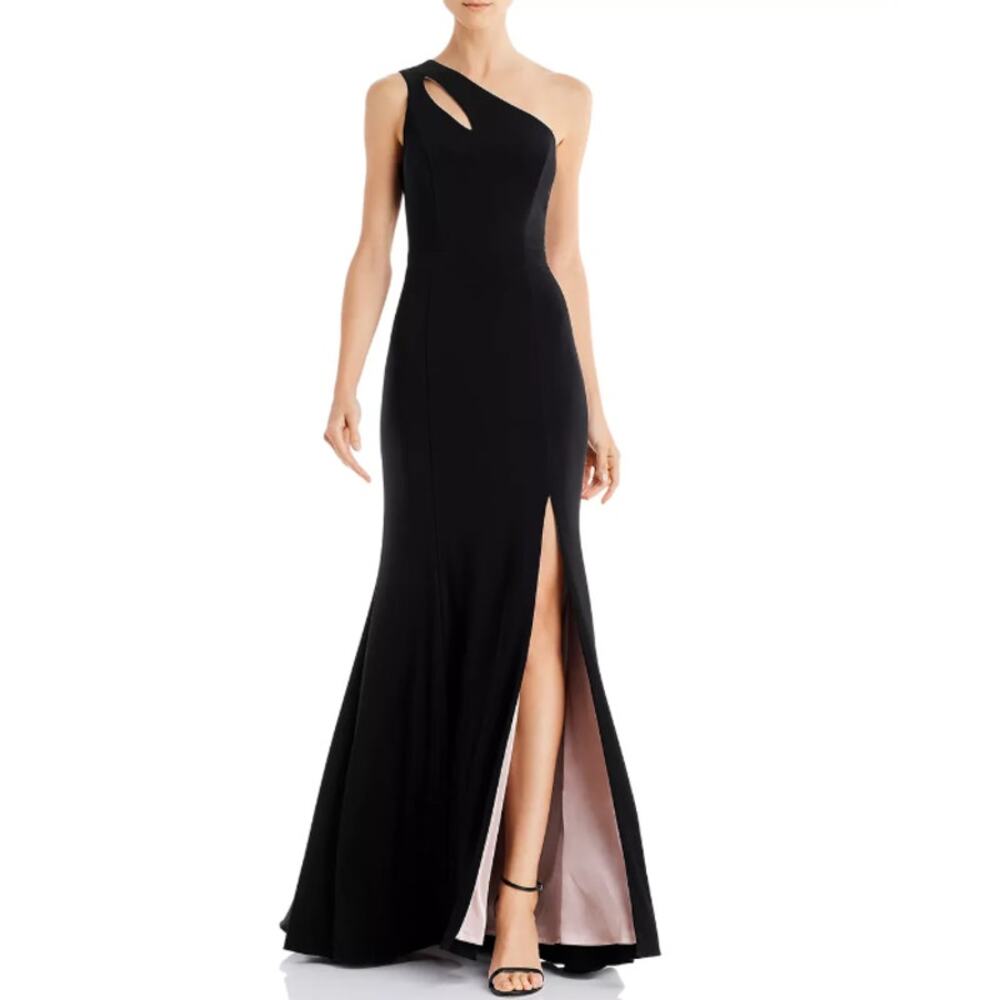 Aqua One Shoulder Cut Out Gown Slit Long Formal Wedding Guest Maxi Dress Black